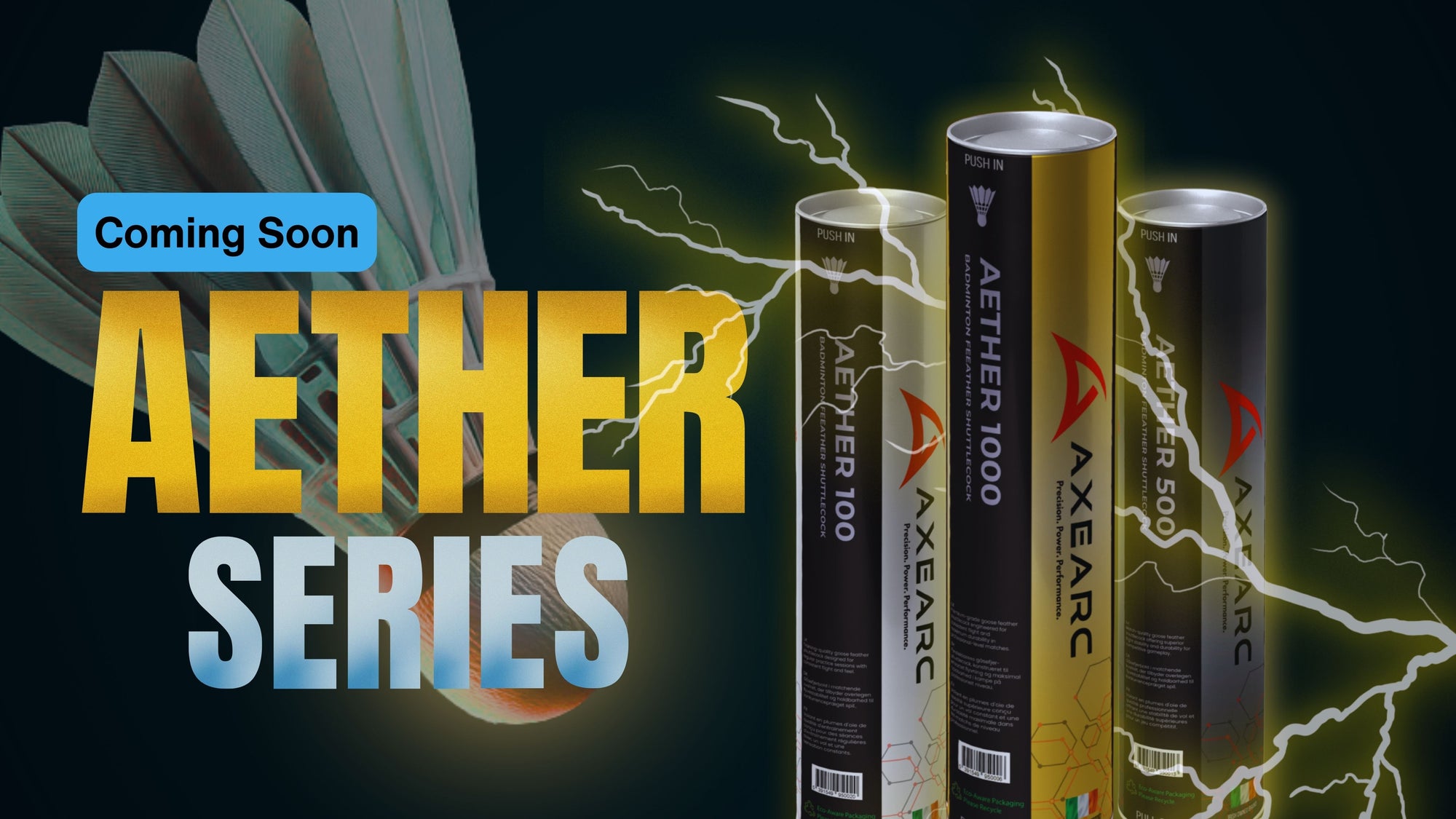 Promotional graphic for Aether Series with product packaging and lightning effects on a dark background.