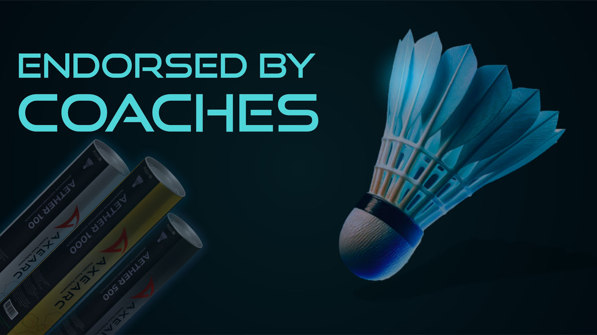 Badminton shuttlecock with 'Endorsed by Coaches' text on a dark background and the Axearc Shuttle Boxes in the dark background